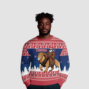 Personalized Afro Christmas in Liberia Ugly Christmas Sweater Black Santa Riding Lion - Merry Christmas - African Pride