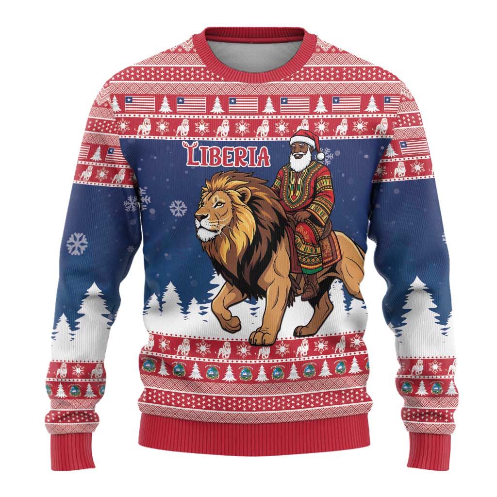 Personalized Afro Christmas in Liberia Ugly Christmas Sweater Black Santa Riding Lion - Merry Christmas - African Pride