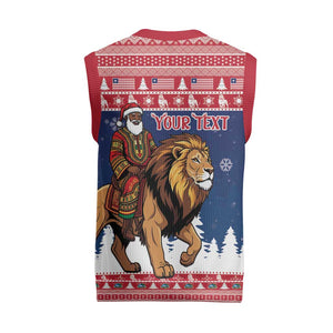 Personalized Afro Christmas in Liberia Christmas Knitted V-Neck Vest Black Santa Riding Lion - Merry Christmas - African Pride