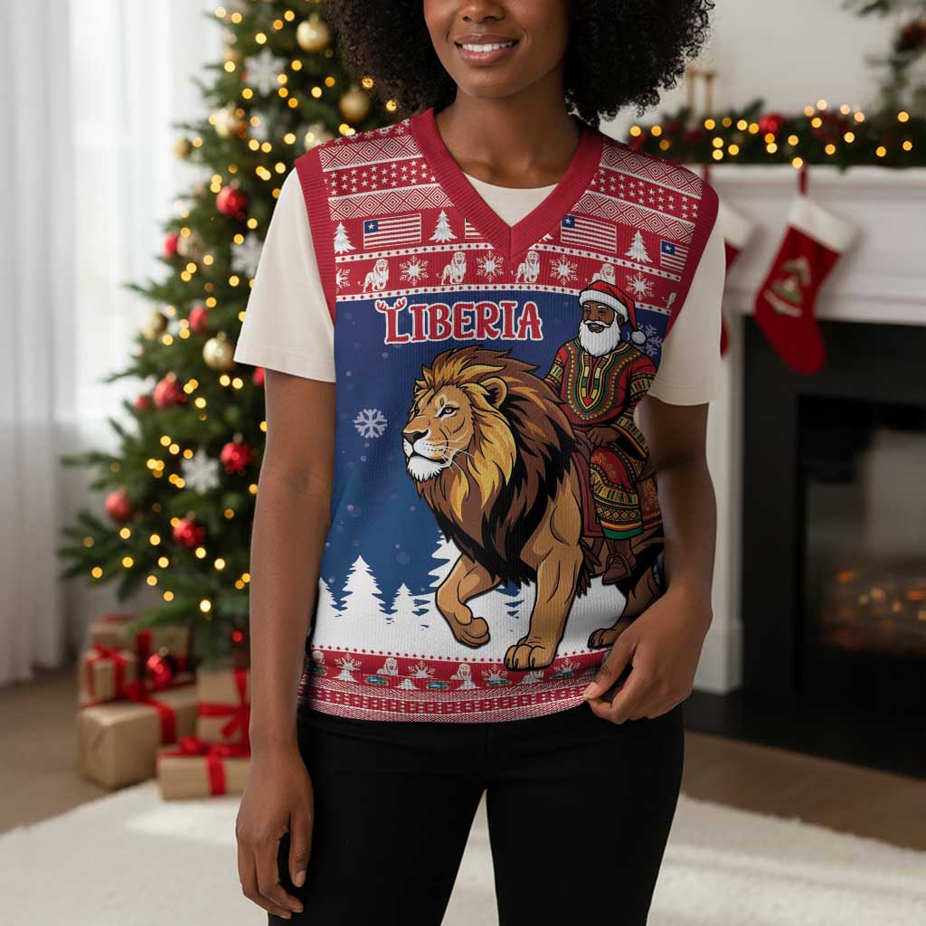 Personalized Afro Christmas in Liberia Christmas Knitted V-Neck Vest Black Santa Riding Lion - Merry Christmas - African Pride