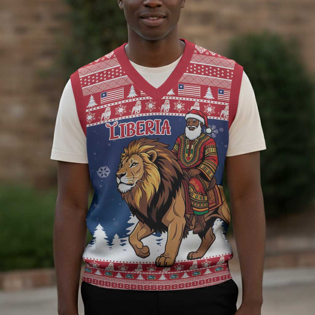 Personalized Afro Christmas in Liberia Christmas Knitted V-Neck Vest Black Santa Riding Lion - Merry Christmas - African Pride
