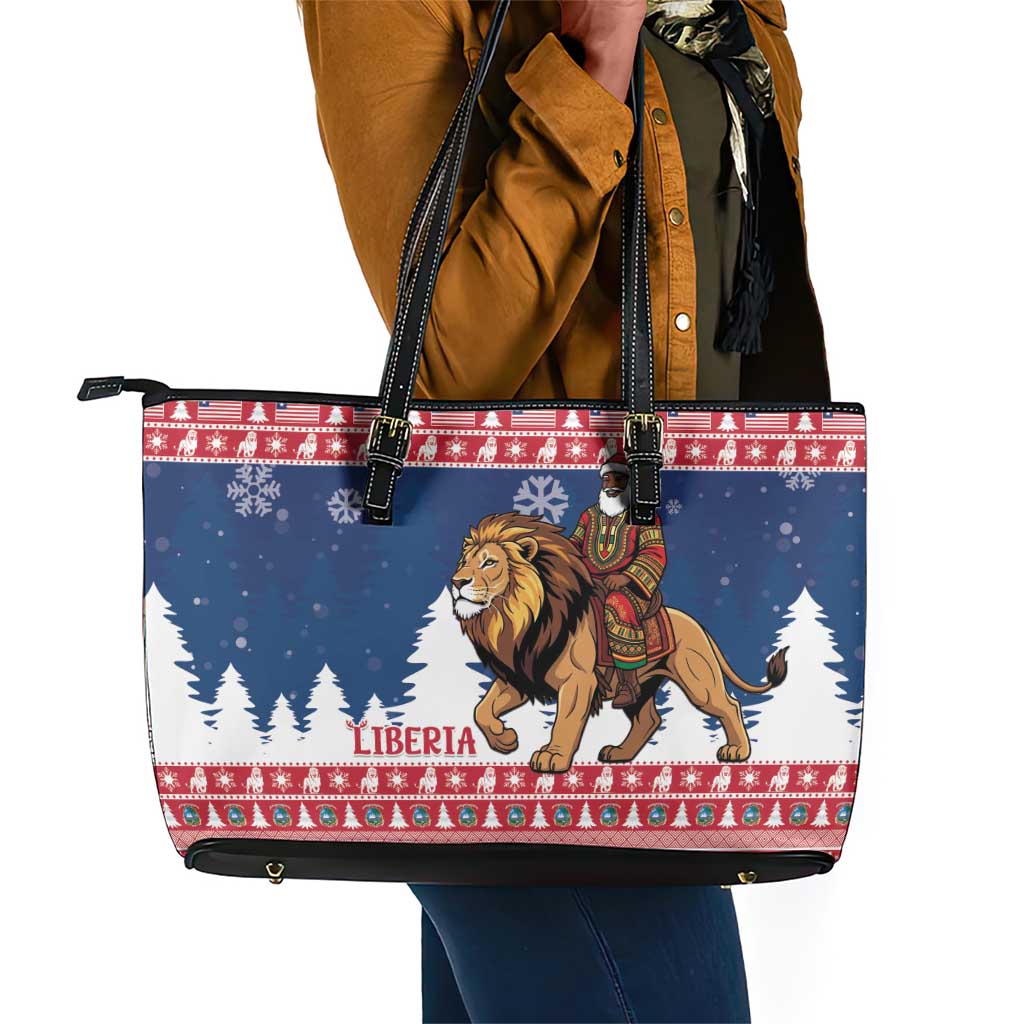 Afro Christmas in Liberia Leather Tote Bag Black Santa Riding Lion - Merry Christmas - African Pride