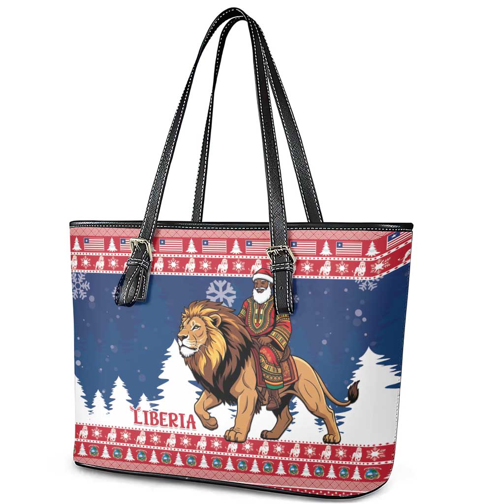 Afro Christmas in Liberia Leather Tote Bag Black Santa Riding Lion - Merry Christmas - African Pride