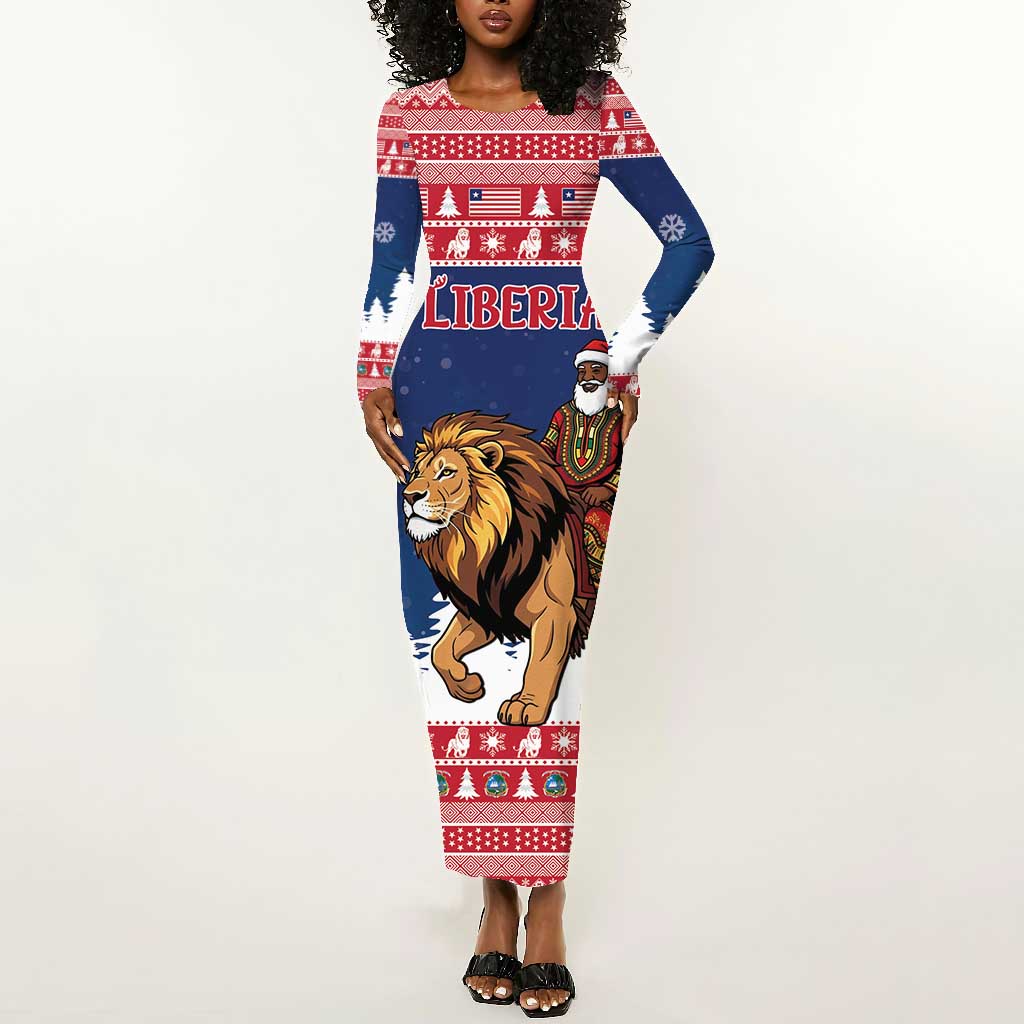 Personalized Afro Christmas in Liberia Long Sleeve Bodycon Dress Black Santa Riding Lion - Merry Christmas - African Pride