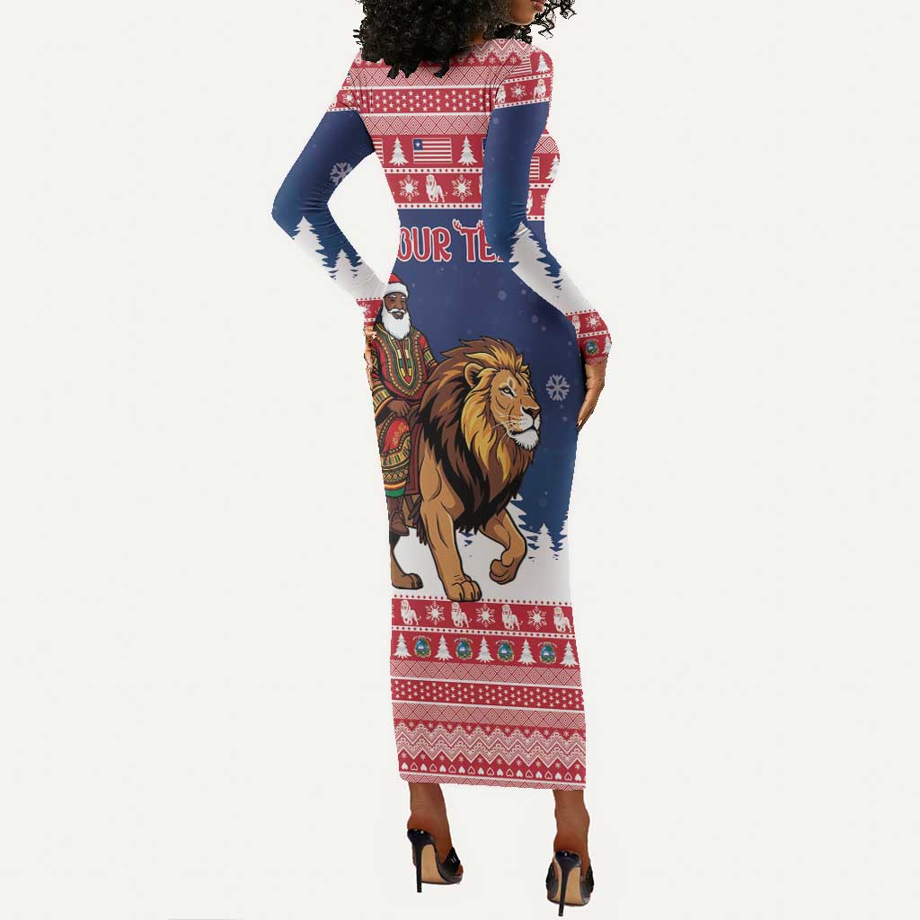 Personalized Afro Christmas in Liberia Long Sleeve Bodycon Dress Black Santa Riding Lion - Merry Christmas - African Pride