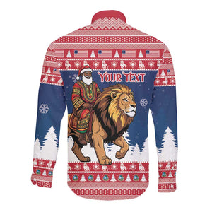 Personalized Afro Christmas in Liberia Long Sleeve Button Shirt Black Santa Riding Lion - Merry Christmas - African Pride