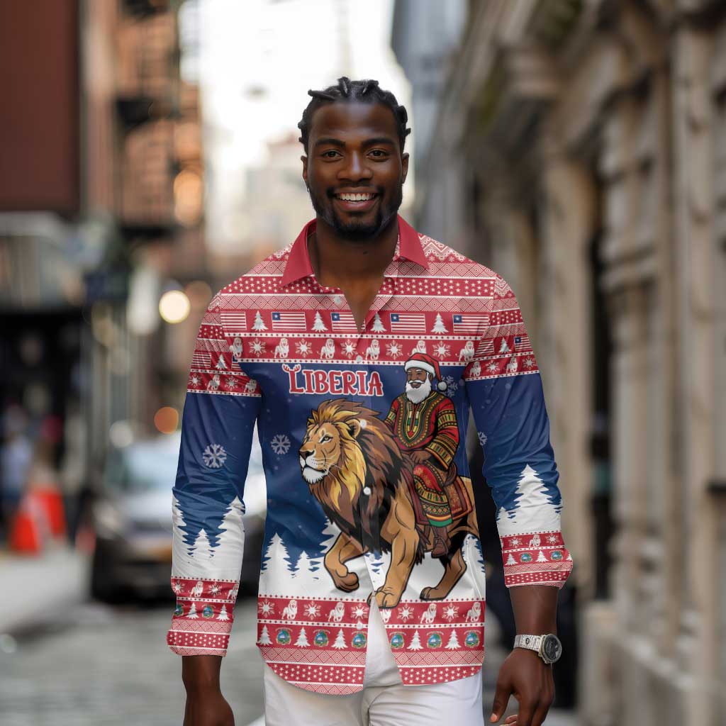 Personalized Afro Christmas in Liberia Long Sleeve Button Shirt Black Santa Riding Lion - Merry Christmas - African Pride