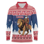 Personalized Afro Christmas in Liberia Long Sleeve Polo Shirt Black Santa Riding Lion - Merry Christmas - African Pride