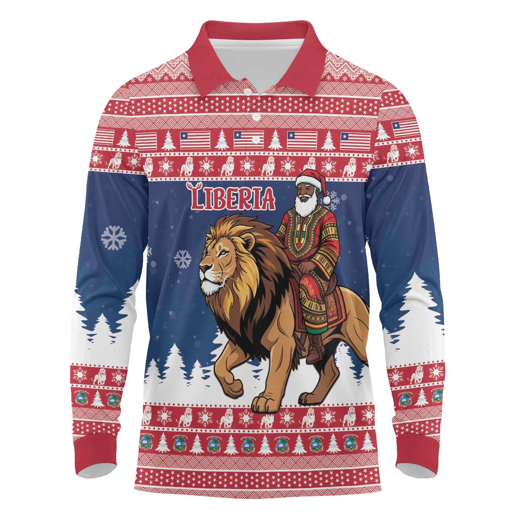 Personalized Afro Christmas in Liberia Long Sleeve Polo Shirt Black Santa Riding Lion - Merry Christmas - African Pride