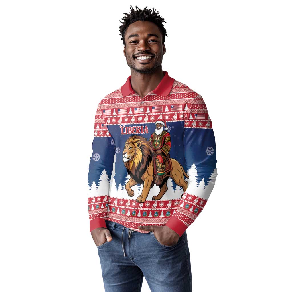 Personalized Afro Christmas in Liberia Long Sleeve Polo Shirt Black Santa Riding Lion - Merry Christmas - African Pride