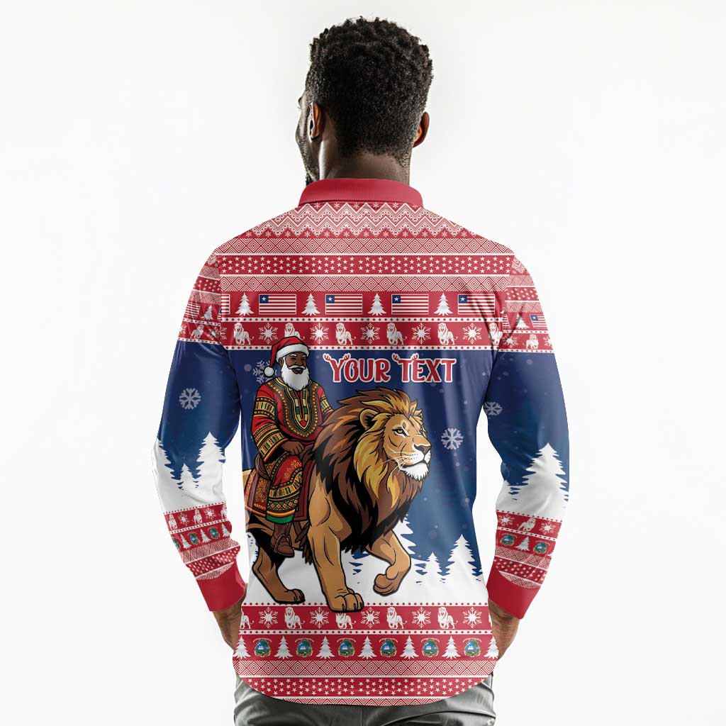 Personalized Afro Christmas in Liberia Long Sleeve Polo Shirt Black Santa Riding Lion - Merry Christmas - African Pride