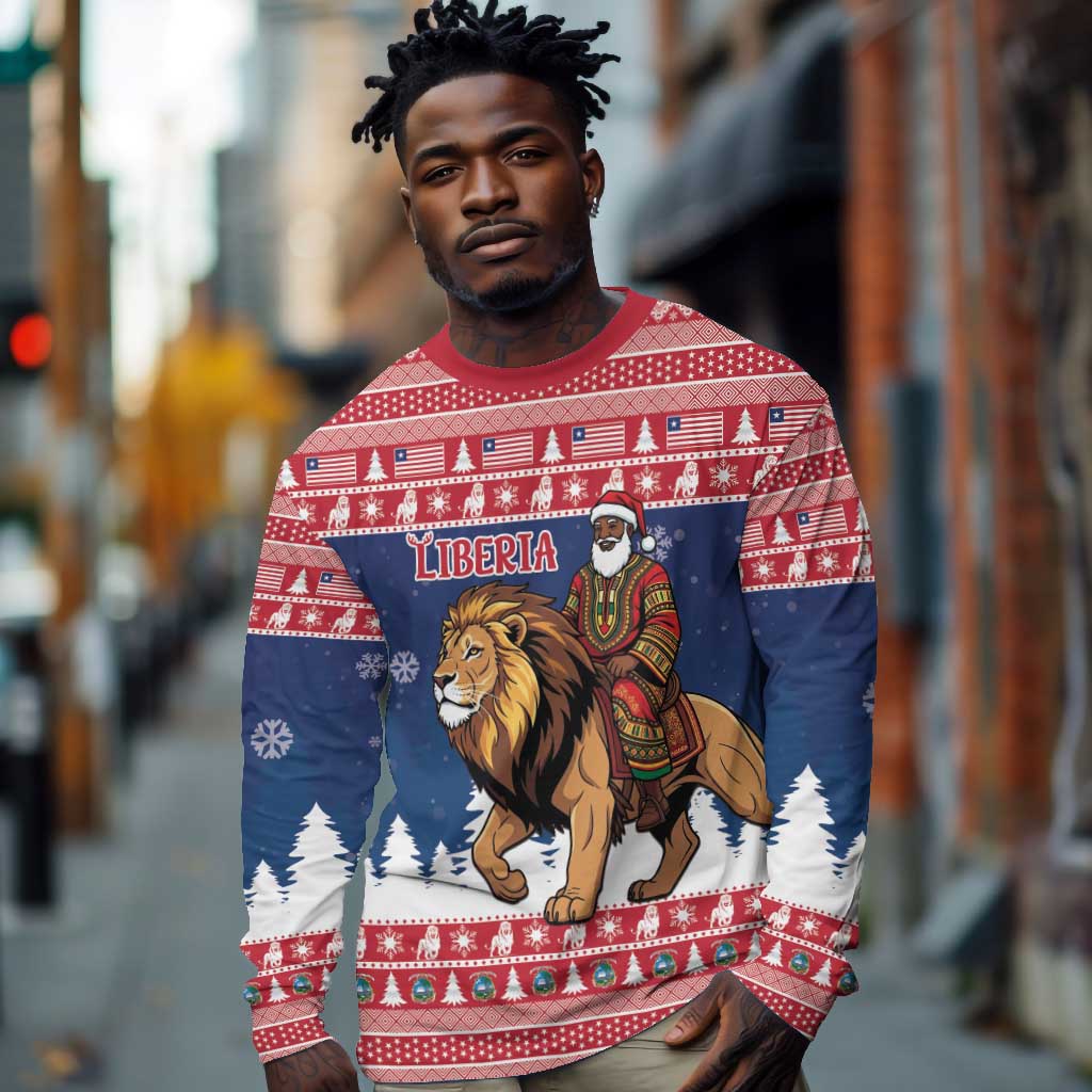 Personalized Afro Christmas in Liberia Long Sleeve Shirt Black Santa Riding Lion - Merry Christmas - African Pride