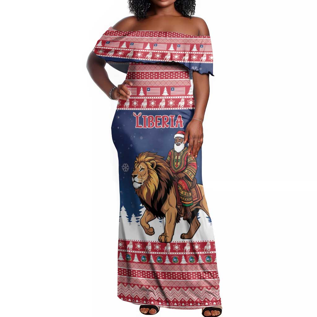 Personalized Afro Christmas in Liberia Off Shoulder Maxi Dress Black Santa Riding Lion - Merry Christmas - African Pride