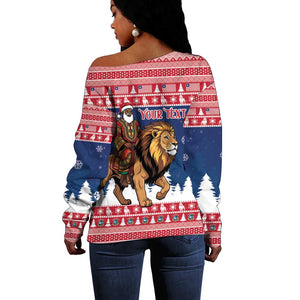 Personalized Afro Christmas in Liberia Off Shoulder Sweater Black Santa Riding Lion - Merry Christmas - African Pride