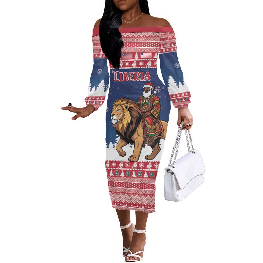 Personalized Afro Christmas in Liberia Off The Shoulder Long Sleeve Dress Black Santa Riding Lion - Merry Christmas - African Pride