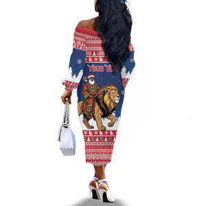 Personalized Afro Christmas in Liberia Off The Shoulder Long Sleeve Dress Black Santa Riding Lion - Merry Christmas - African Pride