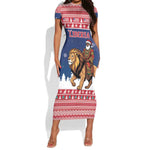 Personalized Afro Christmas in Liberia Short Sleeve Bodycon Dress Black Santa Riding Lion - Merry Christmas - African Pride