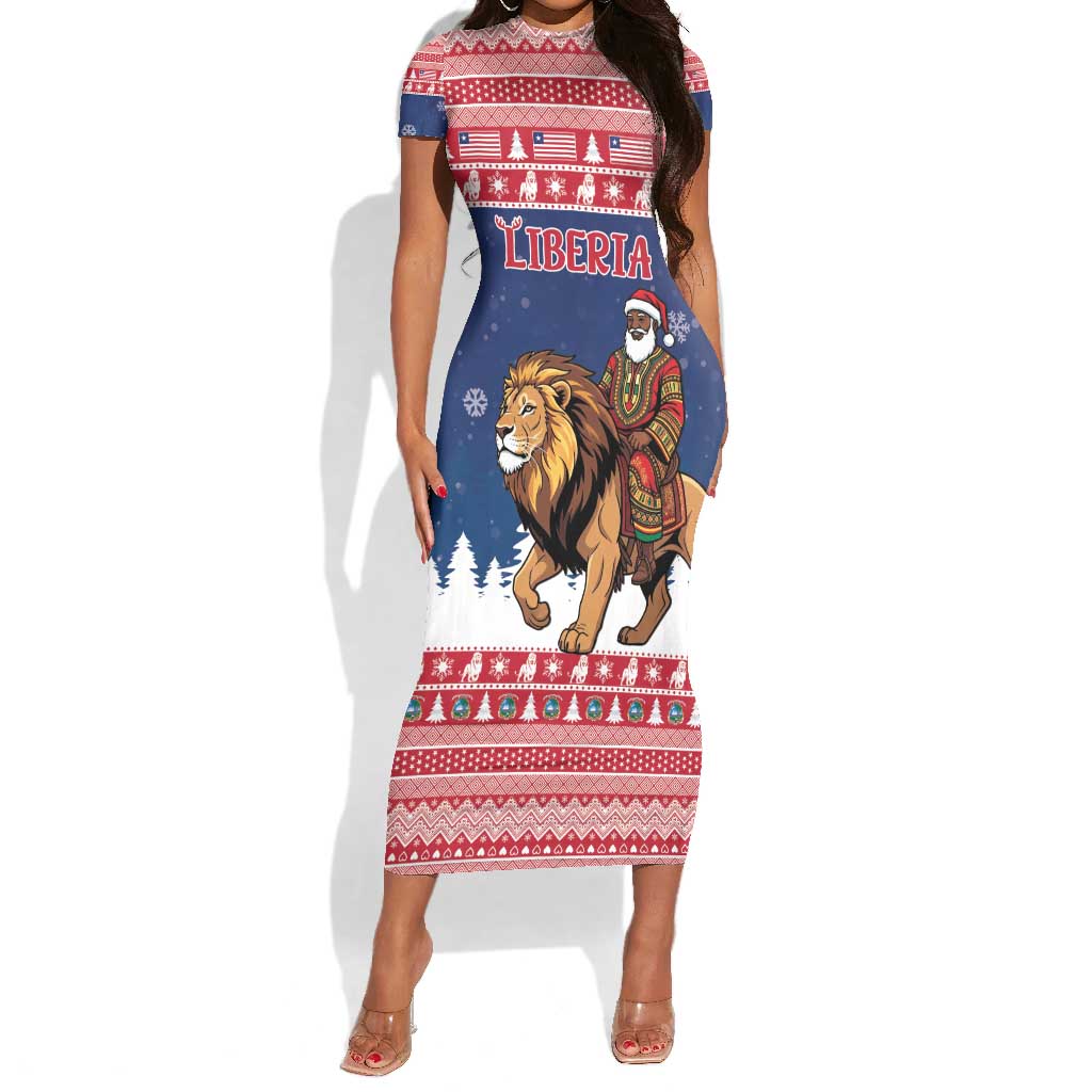 Personalized Afro Christmas in Liberia Short Sleeve Bodycon Dress Black Santa Riding Lion - Merry Christmas - African Pride