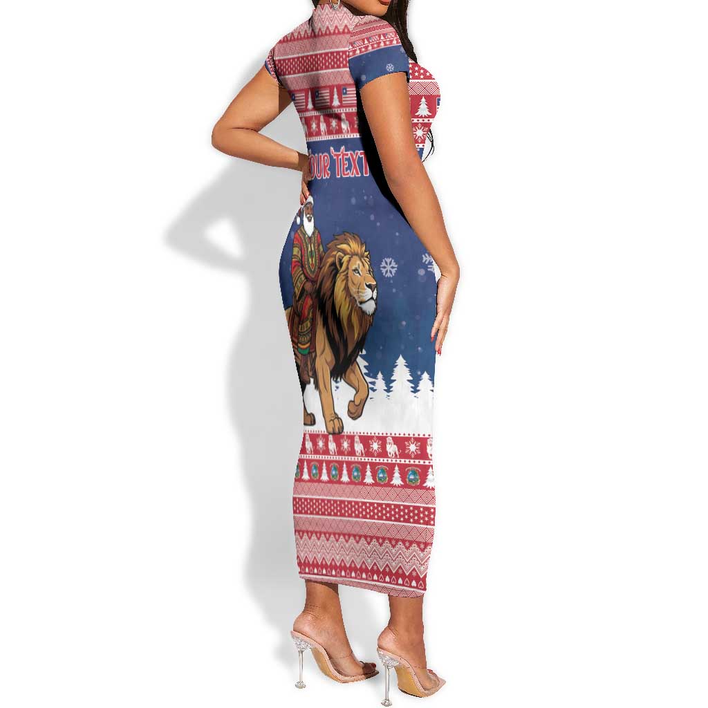 Personalized Afro Christmas in Liberia Short Sleeve Bodycon Dress Black Santa Riding Lion - Merry Christmas - African Pride