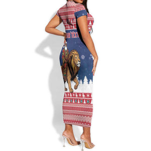 Personalized Afro Christmas in Liberia Short Sleeve Bodycon Dress Black Santa Riding Lion - Merry Christmas - African Pride