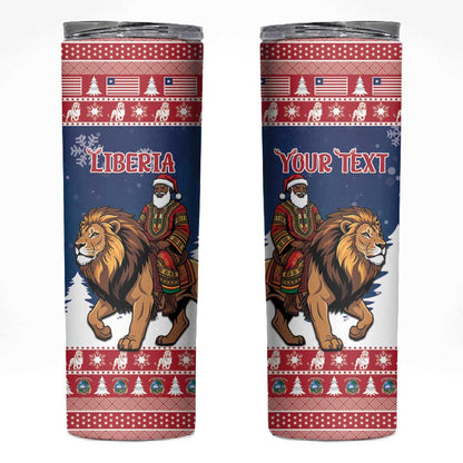 Personalized Afro Christmas in Liberia Skinny Tumbler Black Santa Riding Lion - Merry Christmas - African Pride