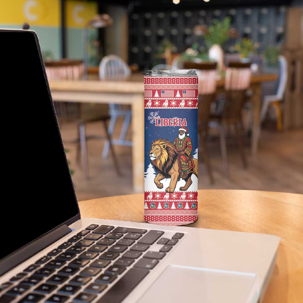 Personalized Afro Christmas in Liberia Skinny Tumbler Black Santa Riding Lion - Merry Christmas - African Pride