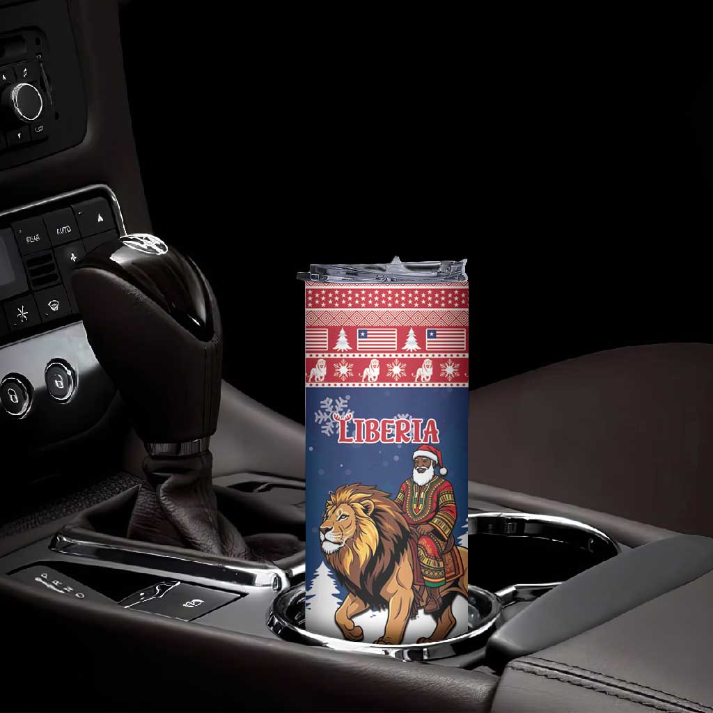 Personalized Afro Christmas in Liberia Skinny Tumbler Black Santa Riding Lion - Merry Christmas - African Pride