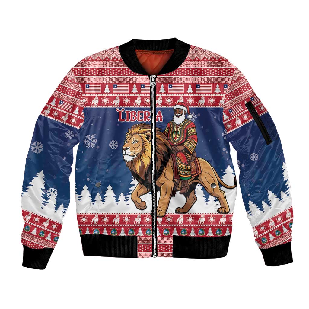 Personalized Afro Christmas in Liberia Sleeve Zip Bomber Jacket Black Santa Riding Lion - Merry Christmas - African Pride