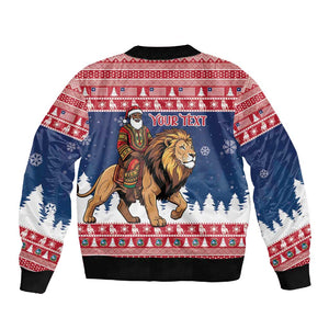 Personalized Afro Christmas in Liberia Sleeve Zip Bomber Jacket Black Santa Riding Lion - Merry Christmas - African Pride