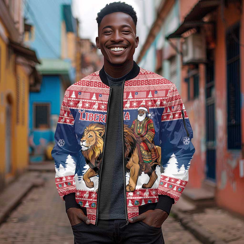 Personalized Afro Christmas in Liberia Sleeve Zip Bomber Jacket Black Santa Riding Lion - Merry Christmas - African Pride