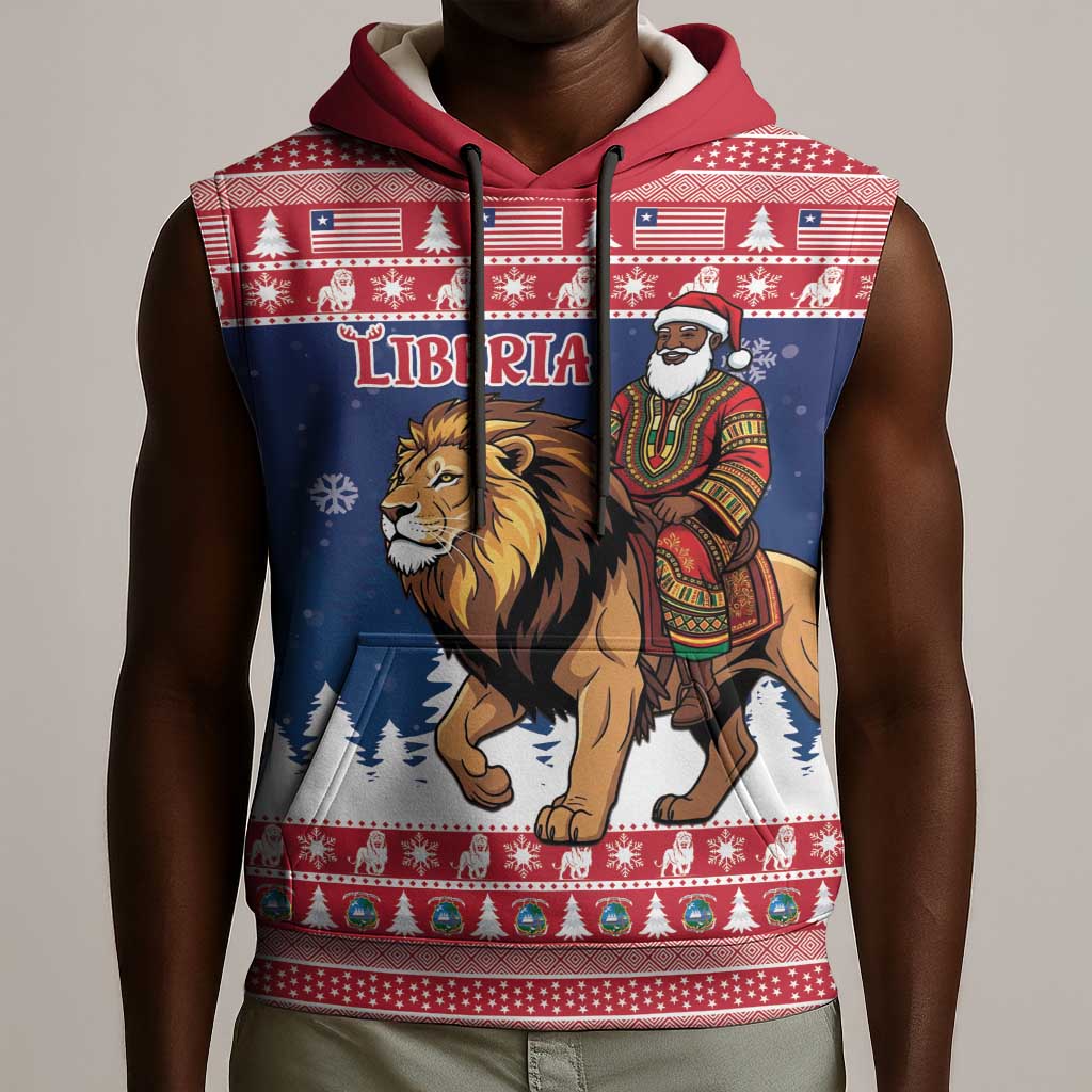 Personalized Afro Christmas in Liberia Sleeveless Hoodie Black Santa Riding Lion - Merry Christmas - African Pride