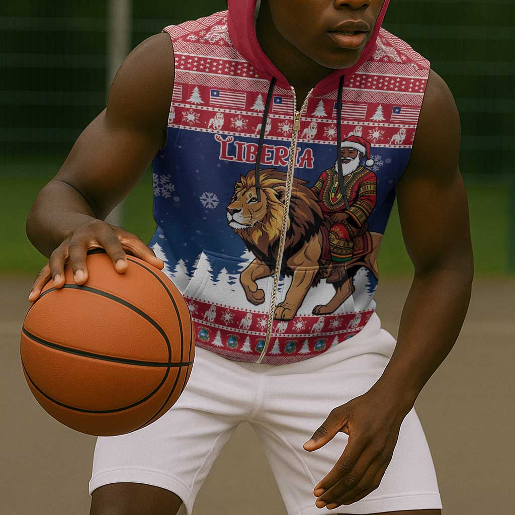 Personalized Afro Christmas in Liberia Sleeveless Zip Hoodie Black Santa Riding Lion - Merry Christmas - African Pride