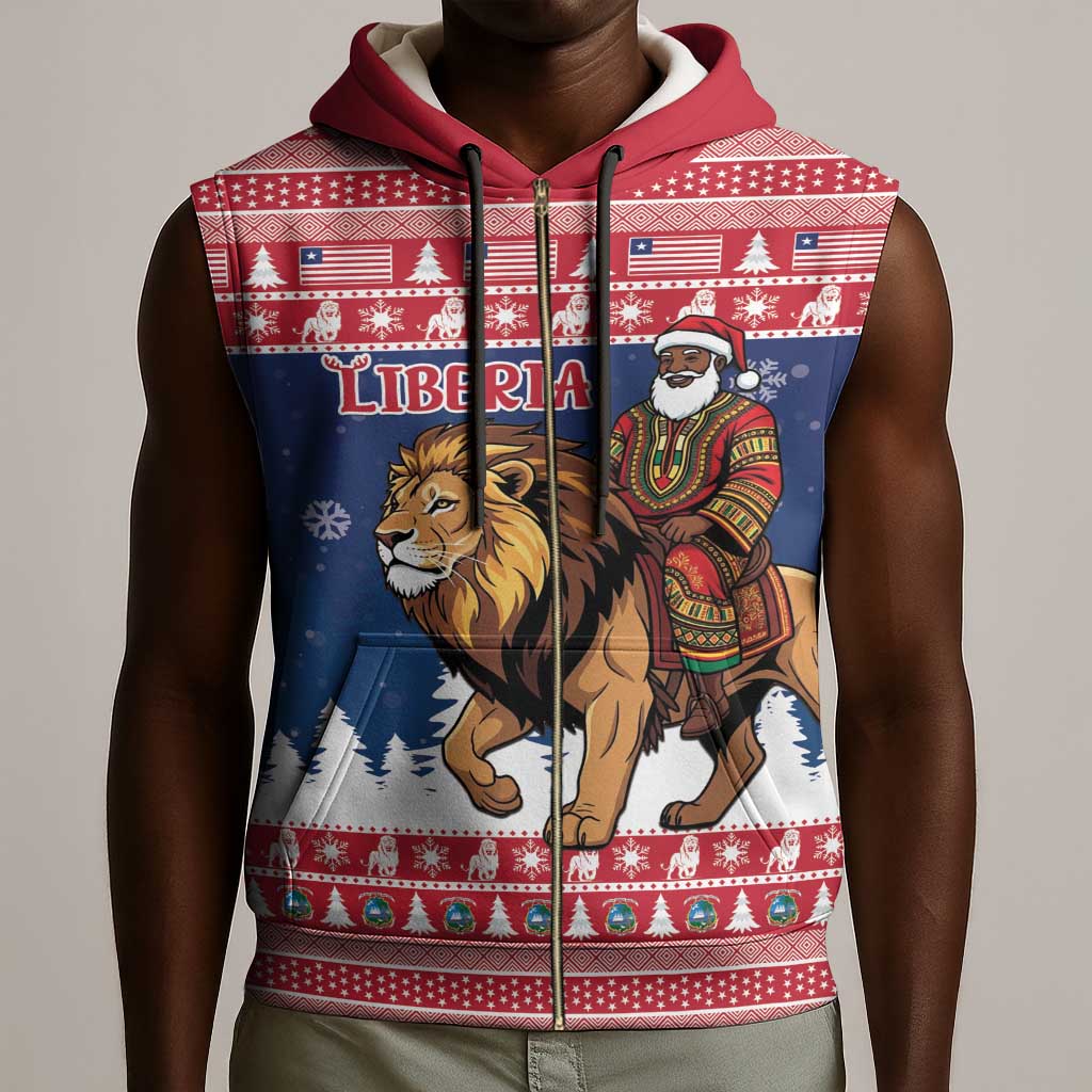 Personalized Afro Christmas in Liberia Sleeveless Zip Hoodie Black Santa Riding Lion - Merry Christmas - African Pride