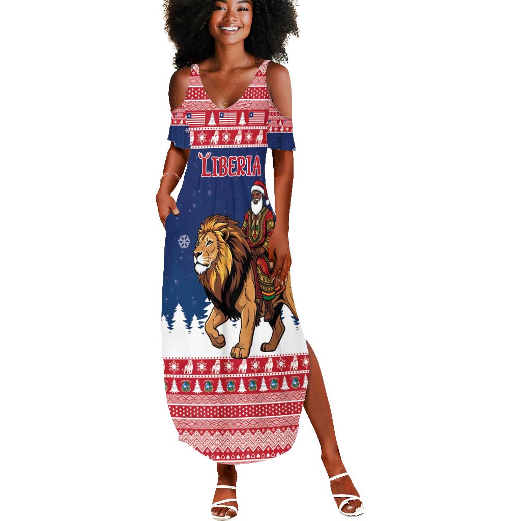 Personalized Afro Christmas in Liberia Summer Maxi Dress Black Santa Riding Lion - Merry Christmas - African Pride
