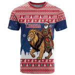 Personalized Afro Christmas in Liberia T shirt Black Santa Riding Lion - Merry Christmas - African Pride