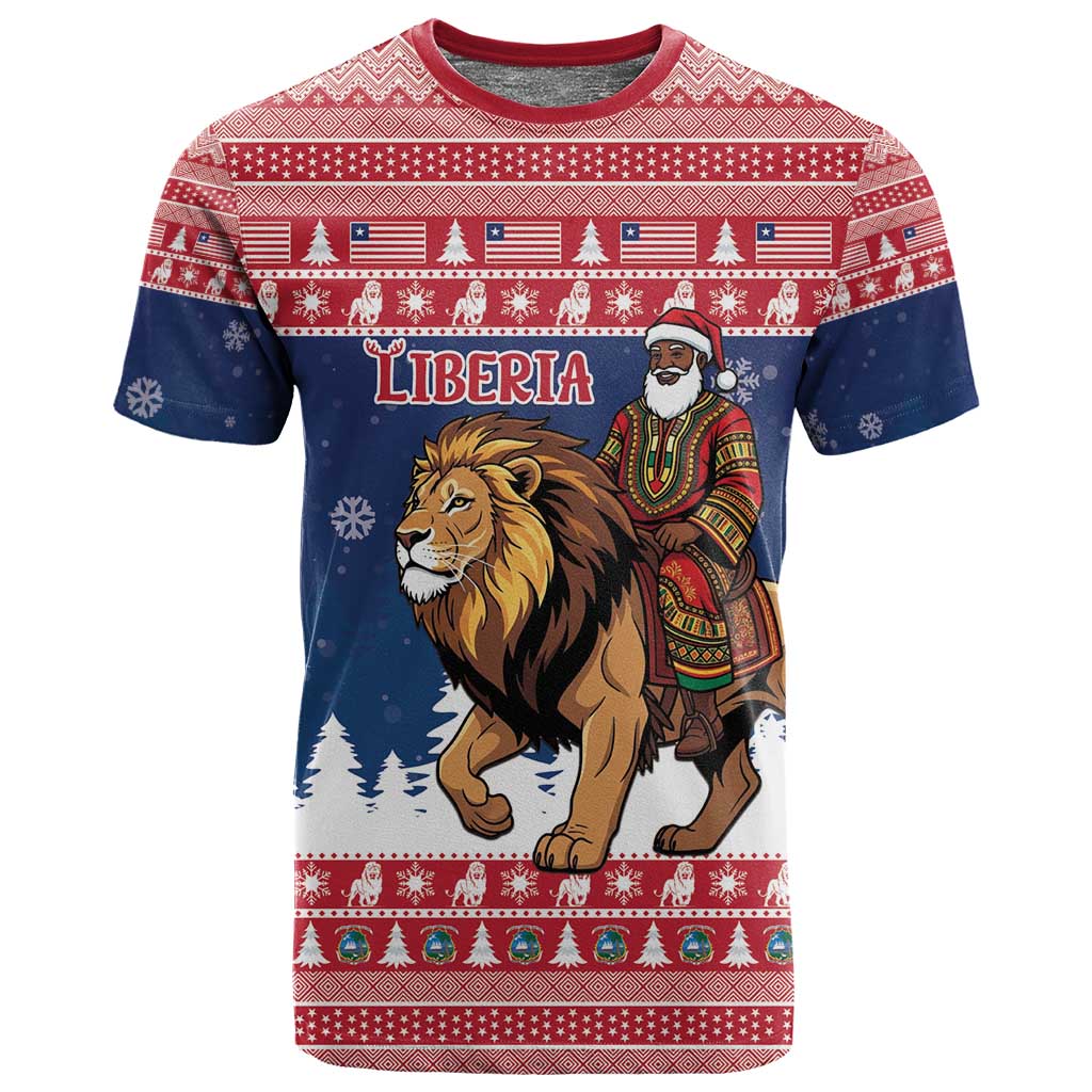 Personalized Afro Christmas in Liberia T shirt Black Santa Riding Lion - Merry Christmas - African Pride