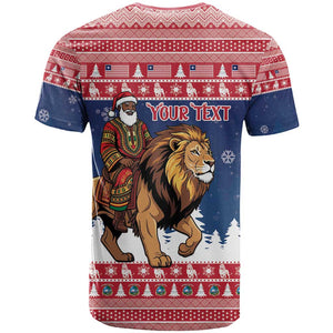 Personalized Afro Christmas in Liberia T shirt Black Santa Riding Lion - Merry Christmas - African Pride