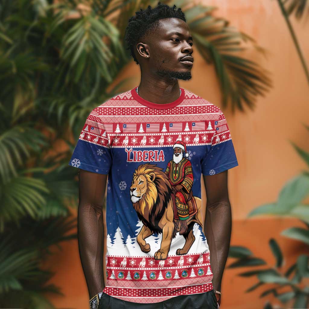 Personalized Afro Christmas in Liberia T shirt Black Santa Riding Lion - Merry Christmas - African Pride