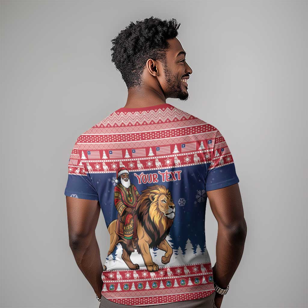 Personalized Afro Christmas in Liberia T shirt Black Santa Riding Lion - Merry Christmas - African Pride
