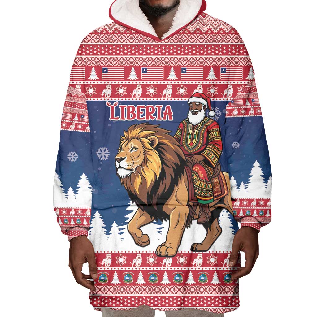 Personalized Afro Christmas in Liberia Wearable Blanket Hoodie Black Santa Riding Lion - Merry Christmas - African Pride