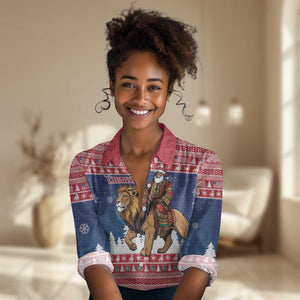 Personalized Afro Christmas in Liberia Women Casual Shirt Black Santa Riding Lion - Merry Christmas - African Pride