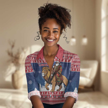 Personalized Afro Christmas in Liberia Women Casual Shirt Black Santa Riding Lion - Merry Christmas - African Pride