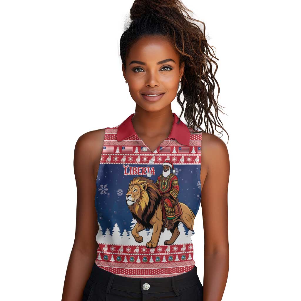 Personalized Afro Christmas in Liberia Women Sleeveless Polo Shirt Black Santa Riding Lion - Merry Christmas - African Pride