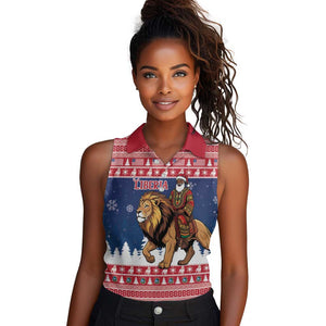 Personalized Afro Christmas in Liberia Women Sleeveless Polo Shirt Black Santa Riding Lion - Merry Christmas - African Pride