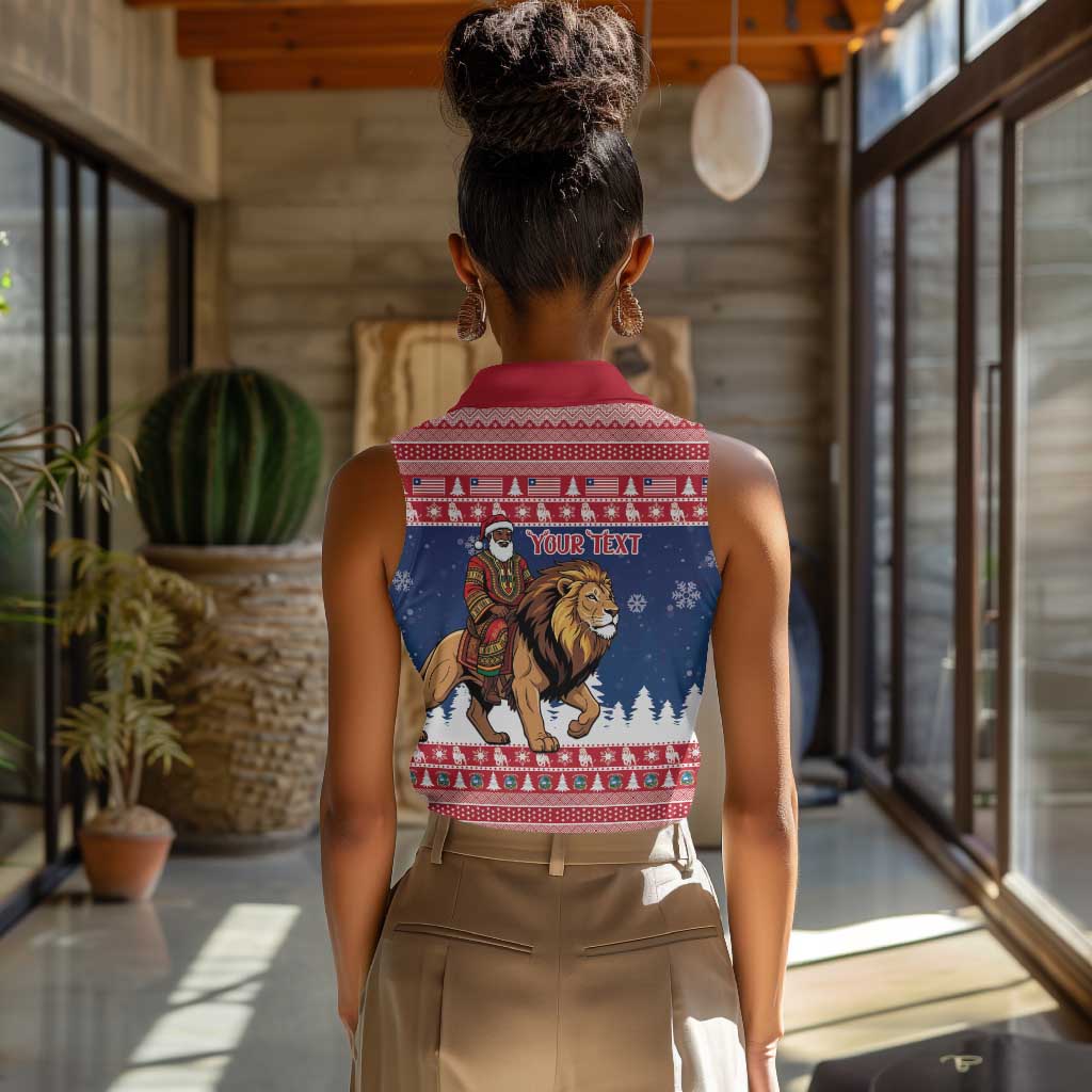 Personalized Afro Christmas in Liberia Women Sleeveless Polo Shirt Black Santa Riding Lion - Merry Christmas - African Pride