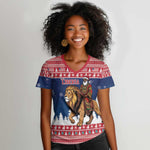 Personalized Afro Christmas in Liberia Women V-Neck T-Shirt Black Santa Riding Lion - Merry Christmas - African Pride