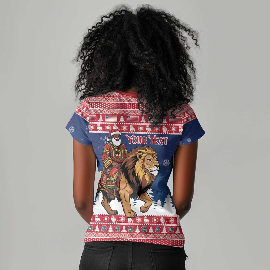 Personalized Afro Christmas in Liberia Women V-Neck T-Shirt Black Santa Riding Lion - Merry Christmas - African Pride