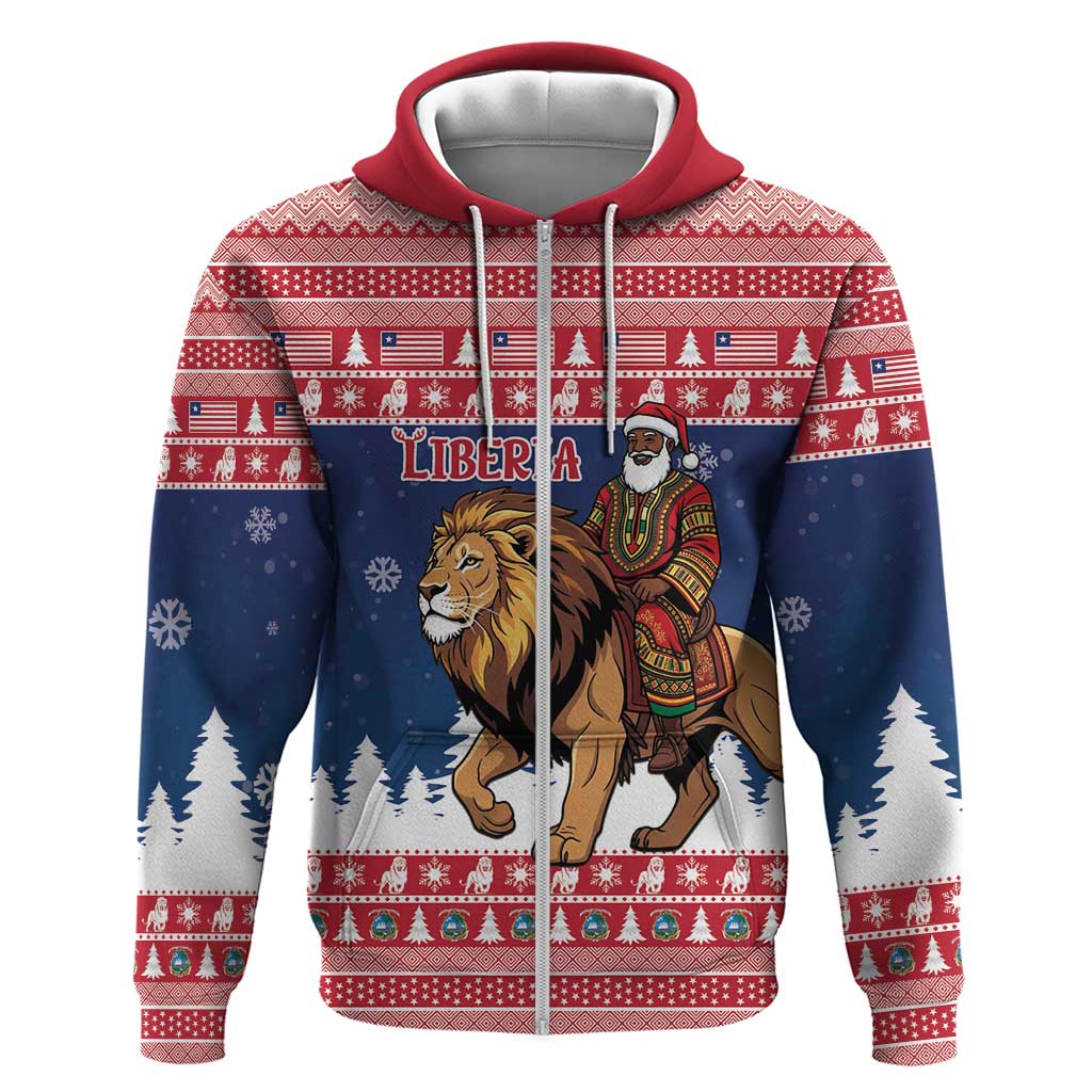 Personalized Afro Christmas in Liberia Zip Hoodie Black Santa Riding Lion - Merry Christmas - African Pride