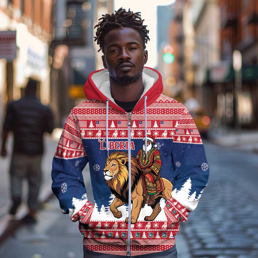 Personalized Afro Christmas in Liberia Zip Hoodie Black Santa Riding Lion - Merry Christmas - African Pride