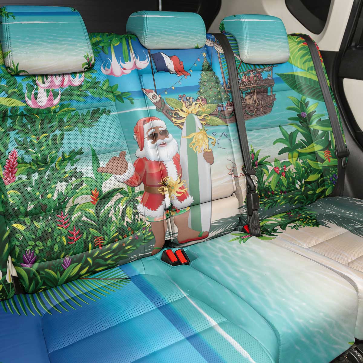 Afro Christmas in Mayotte Back Car Seat Cover Santa Chill on Tropical Beach - African Pride